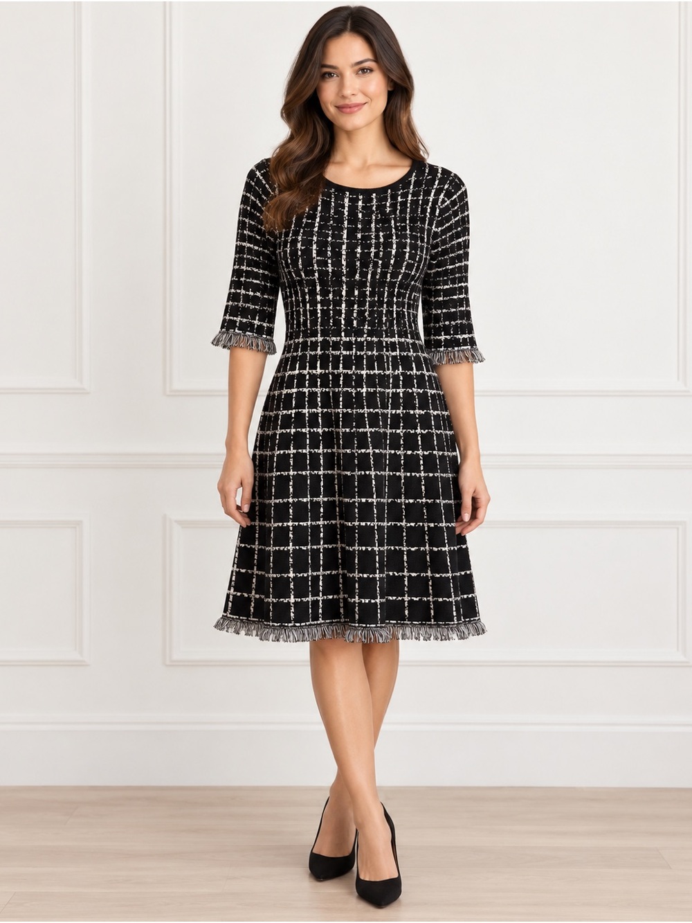 Taylor Black & Ivory Windowpane Fringe Fit & Flare Dress Size Small